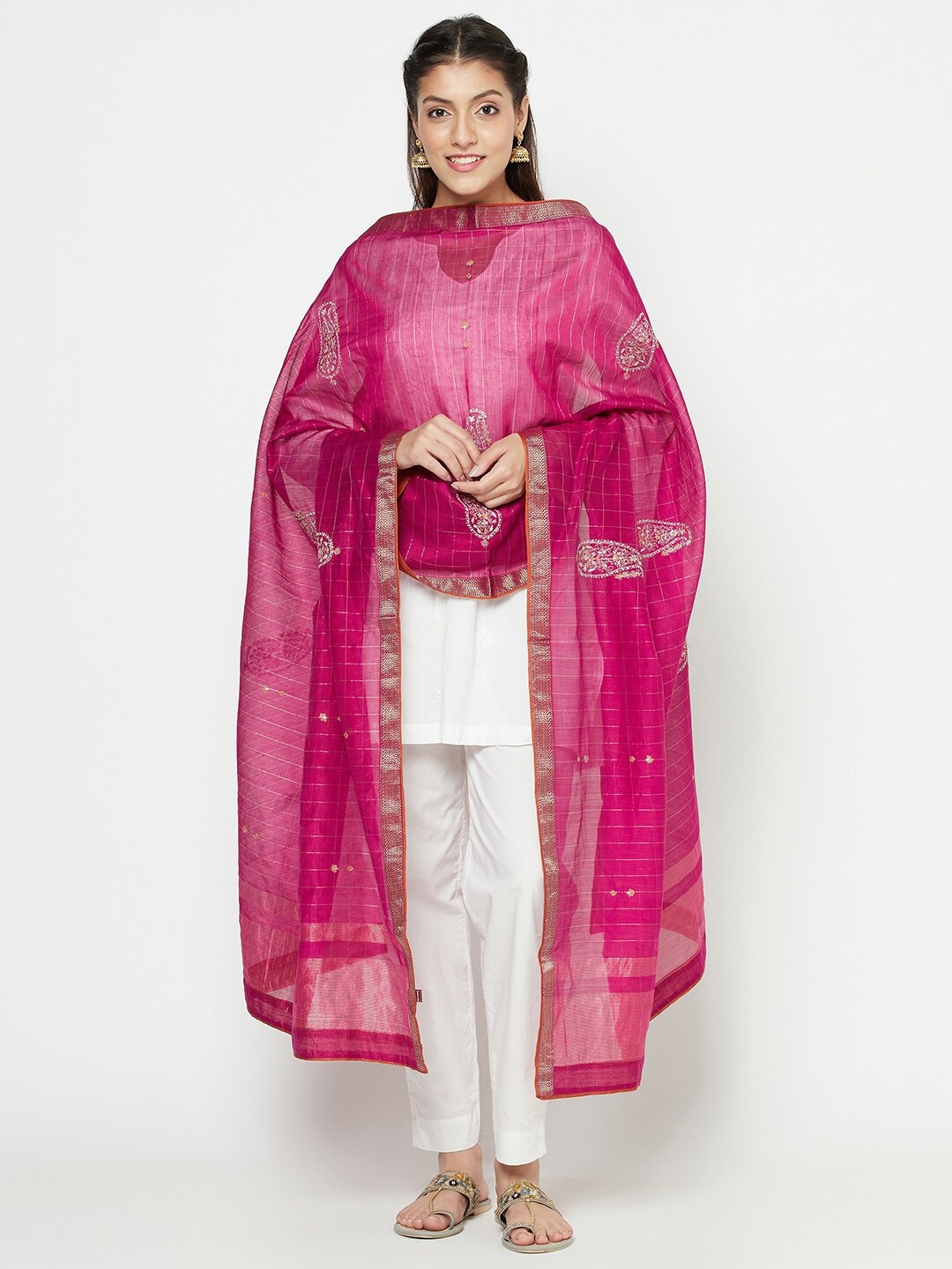 

Fabindia Women Pink Printed Cotton Silk Dupatta