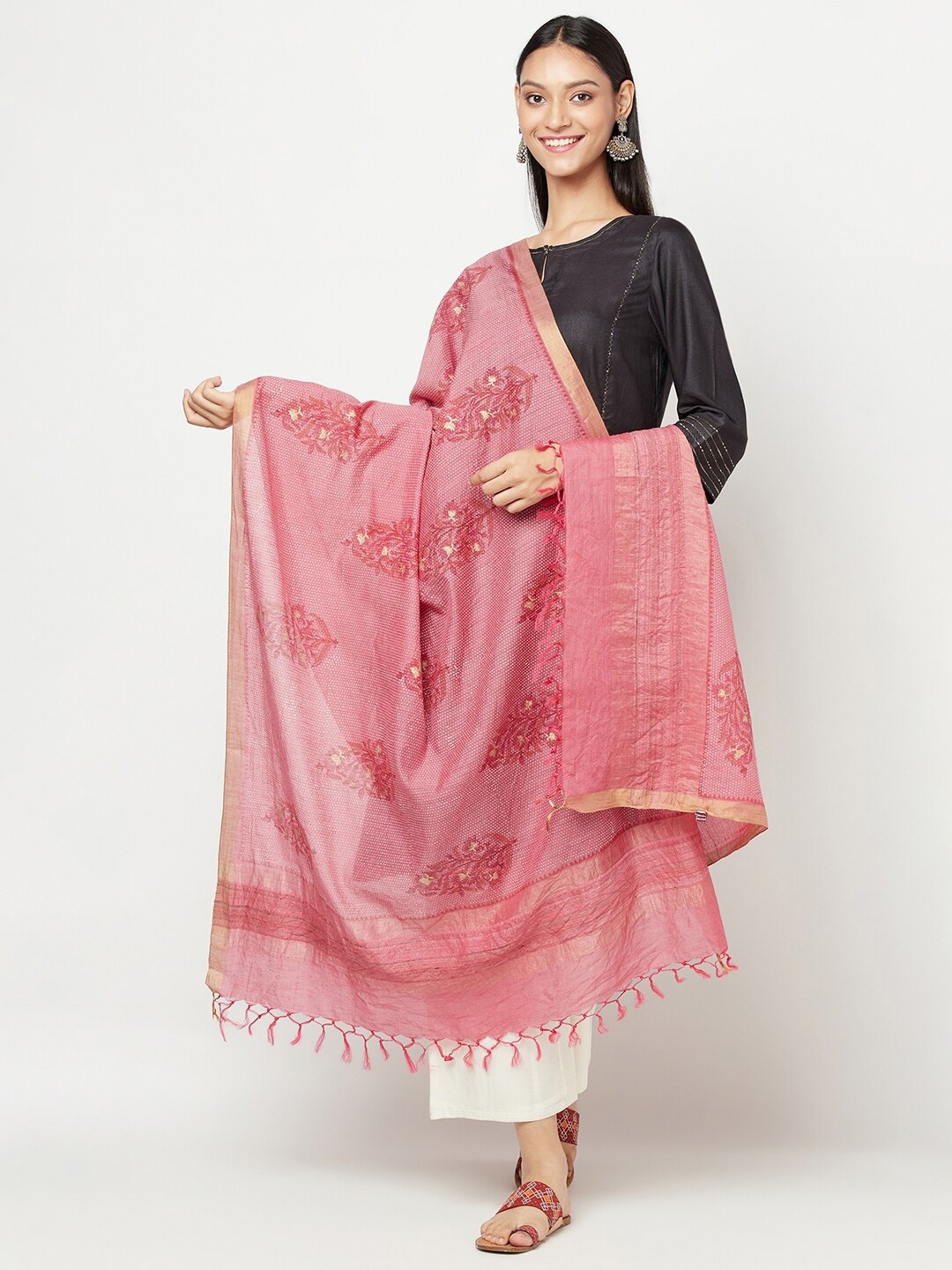 

Fabindia Pink & Gold-Toned Ethnic Motifs Printed Pure Silk Dupatta