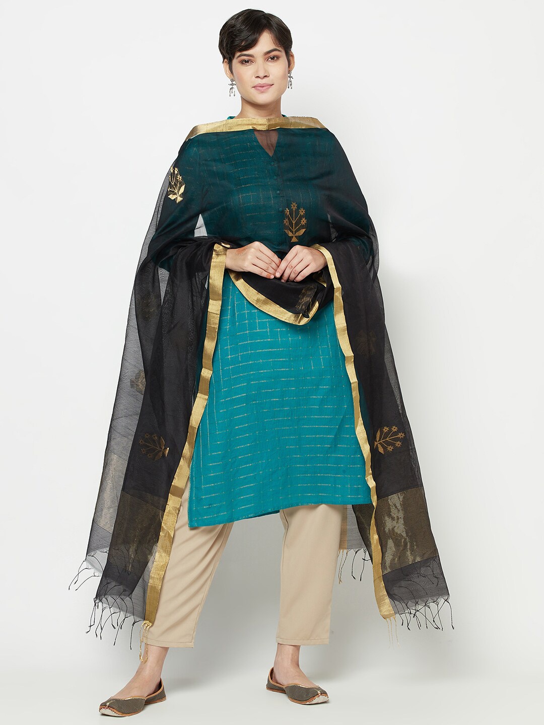 

Fabindia Woman Black & Gold-Toned Printed Cotton Silk Dupatta