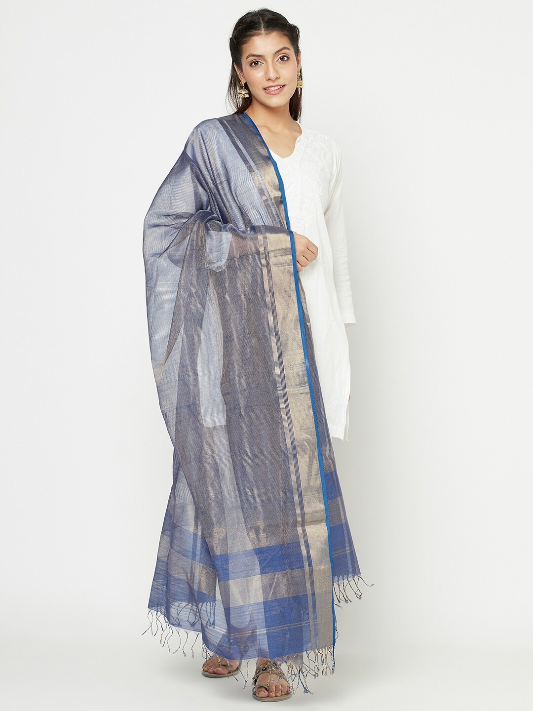 

Fabindia Blue & Gold-Toned Woven Design Maheshwari Zari Cotton Silk Dupatta