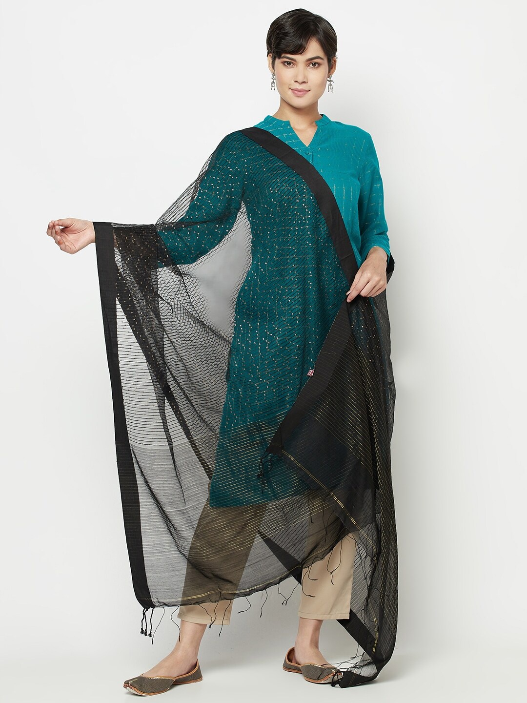 

Fabindia Black & Gold-Toned Embroidered Sequinned Cotton Silk Dupatta