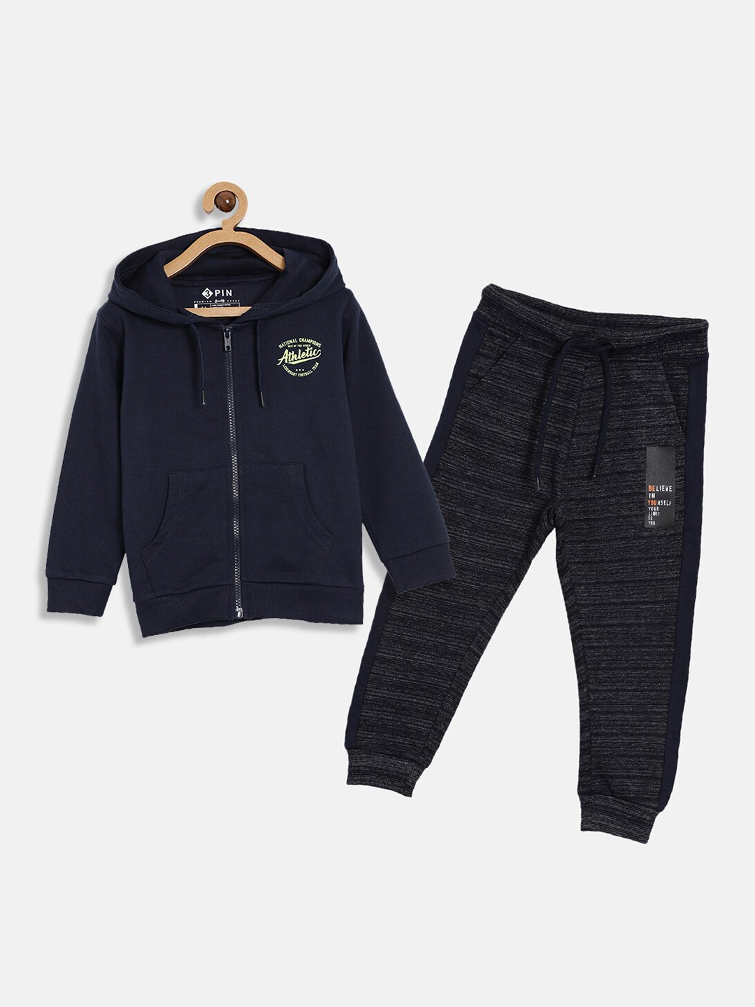 

3PIN Boys Navy Blue & Yellow Printed Pure Cotton Hoodie & Jogger Set