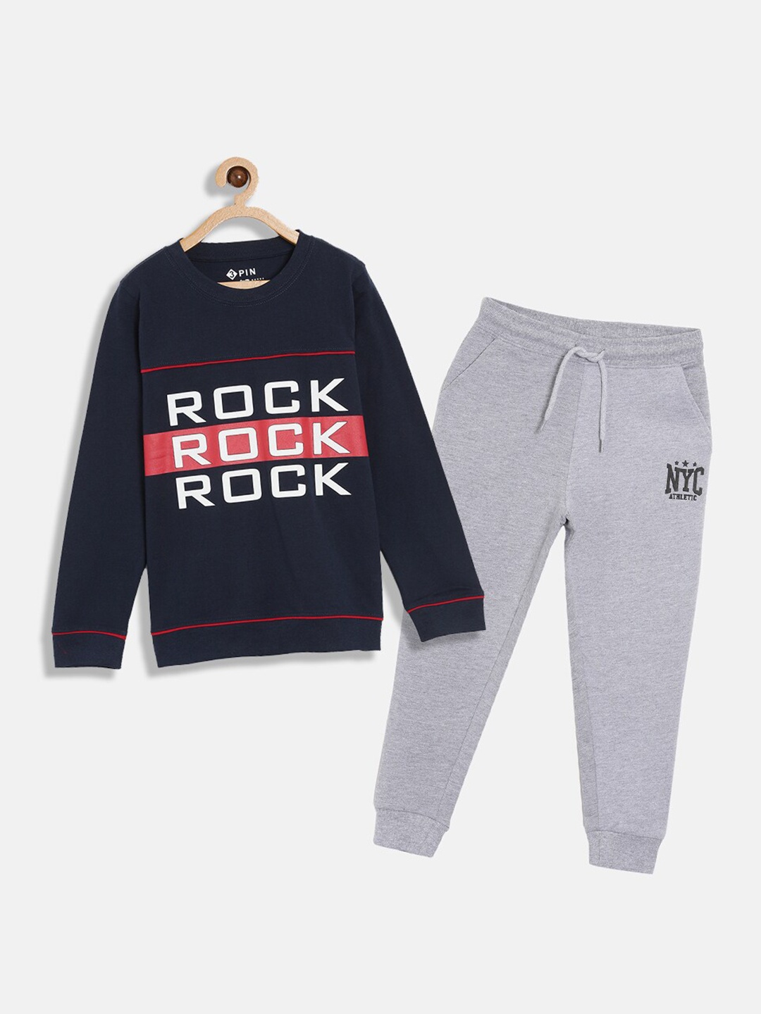 

3PIN Boys Navy Blue & Grey Printed Pure Cotton T-shirt & Jogger Set