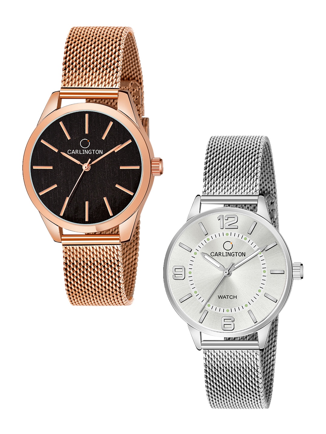 

CARLINGTON Women Pack Of 2 Analogue Watch CT2001 RoseBlack-CT2002 Silver, Rose gold