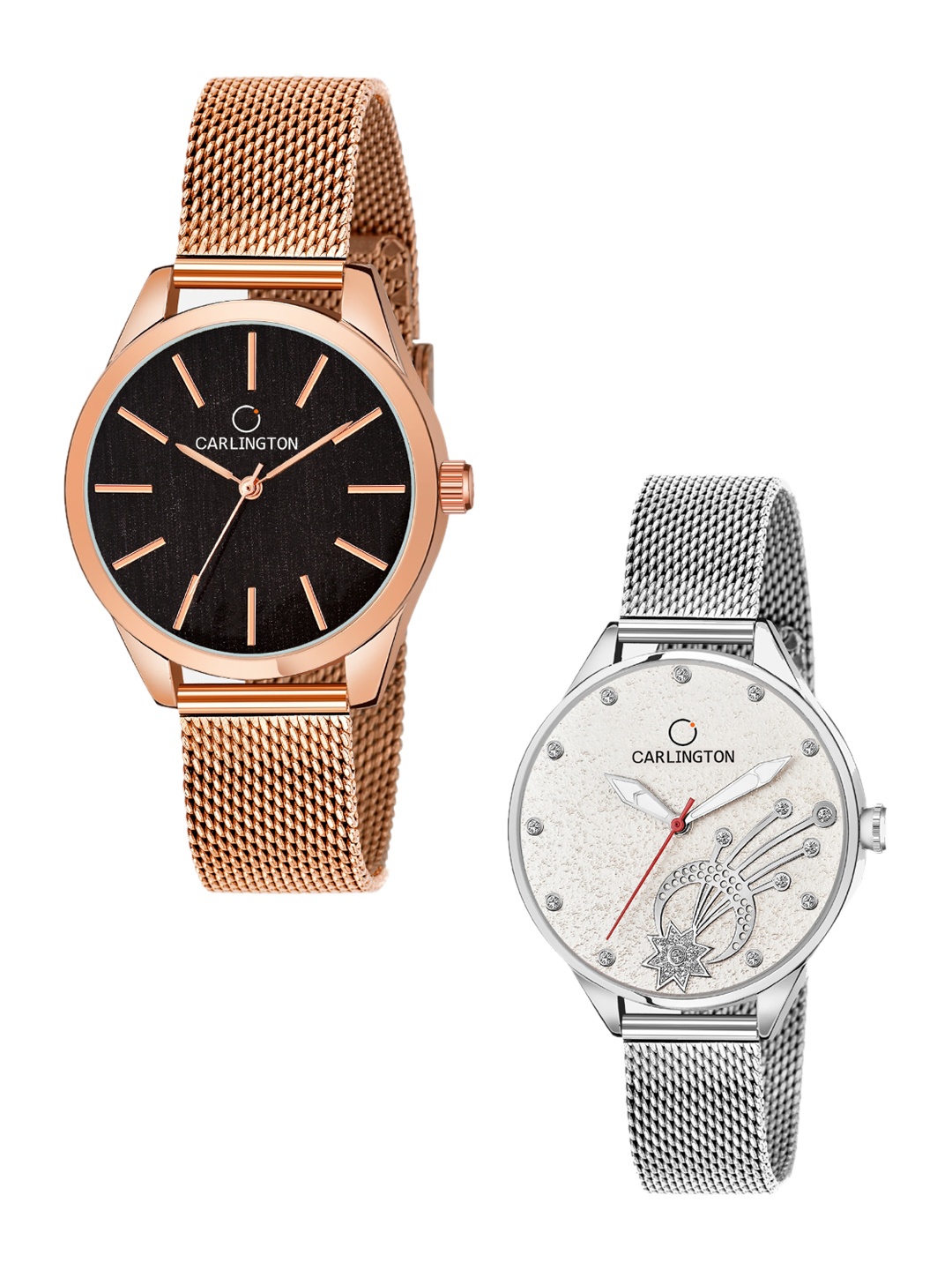 

CARLINGTON Women Pack Of 2 Analogue Watch CT2001 RoseBlack-CT2020 Silver, Rose gold
