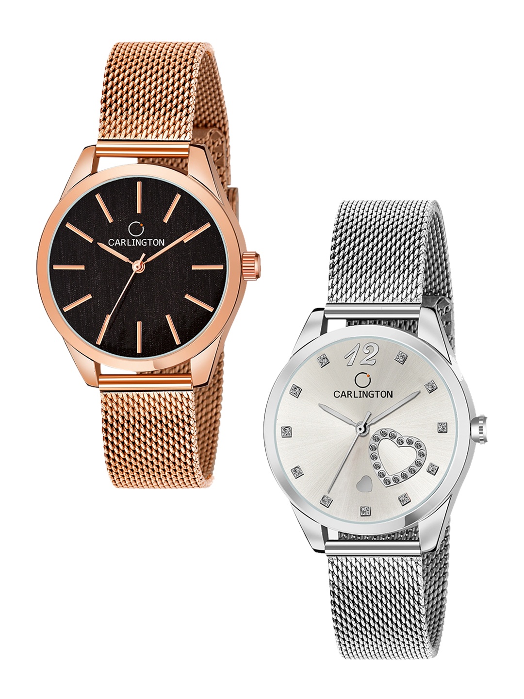 

CARLINGTON Women Pack Of 2 Analogue Watch CT2001 RoseBlack-CT2006 Silver, Rose gold