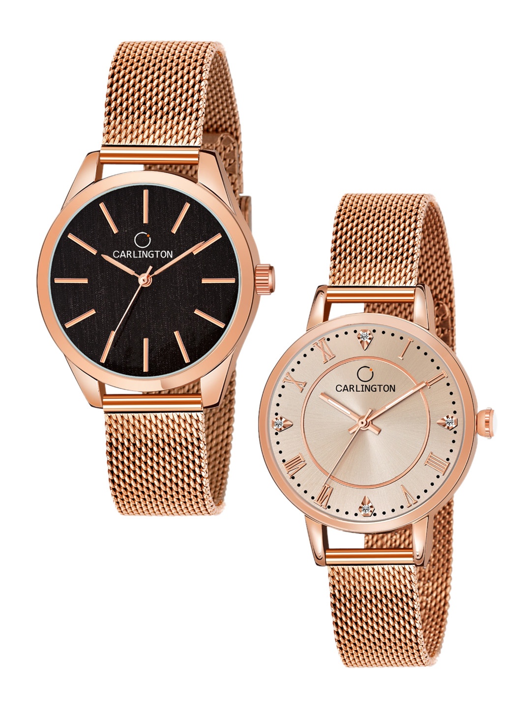 

CARLINGTON Women Rose Gold Set Of 2 Stainless Steel Bracelet Style Straps Analogue Watch