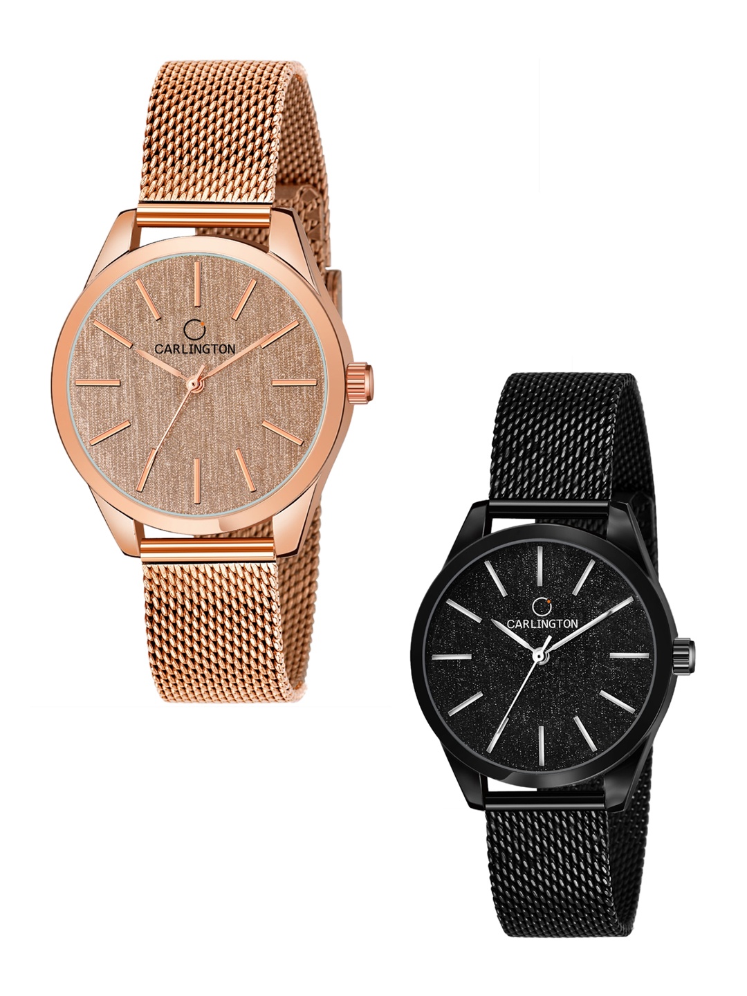 

CARLINGTON Women Rose Gold & Black Set Of 2 Stainless Steel Bracelet Style Analogue Watch