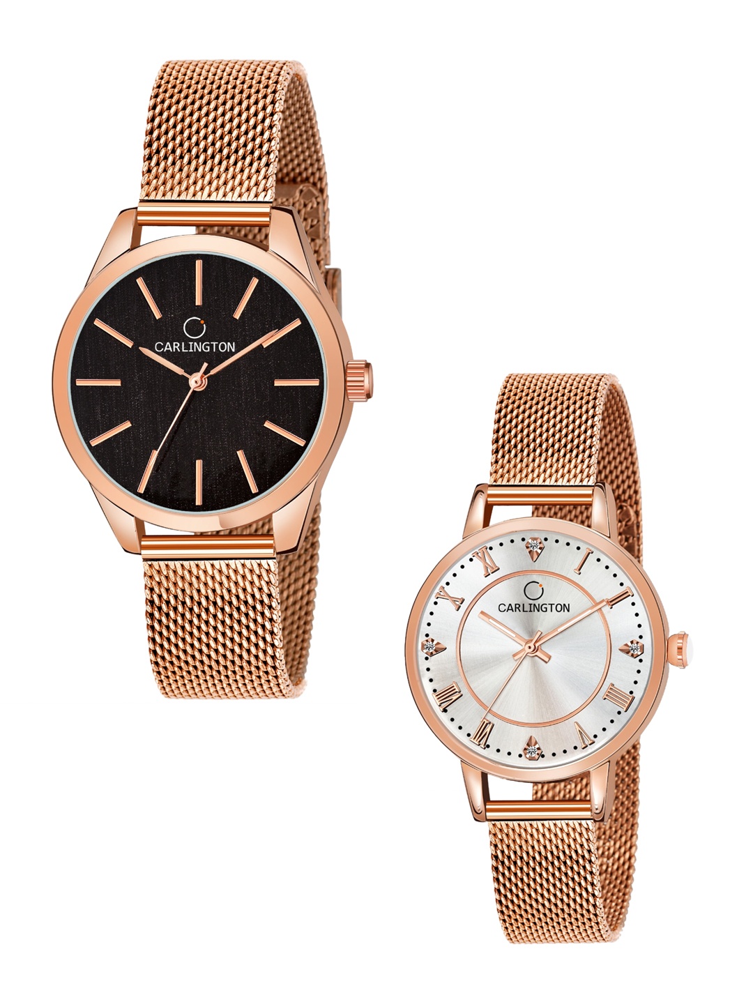 

CARLINGTON Women Pack Of 2 Analogue Watch CT2001 RoseBlack-CT2013 RoseWhite, Rose gold