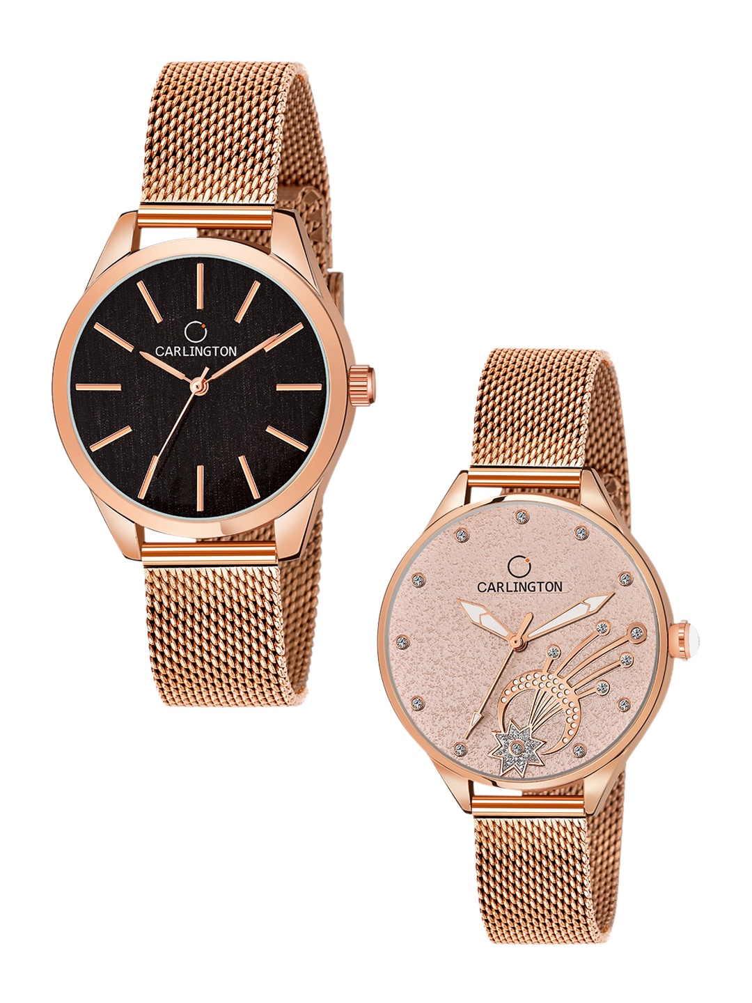

CARLINGTON Women Rose Gold Set Of 2 Stainless Steel Bracelet Style Analogue Watch