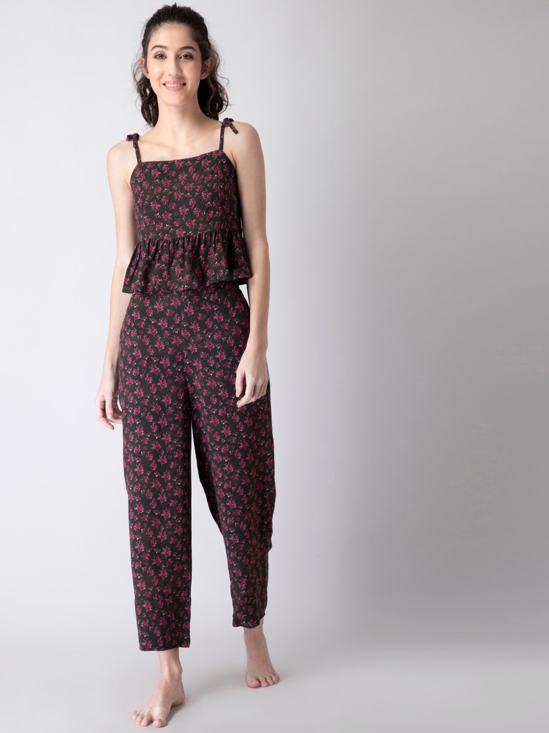 

FabAlley Women Black Pink Floral Tie Up Strappy Pyjama Set