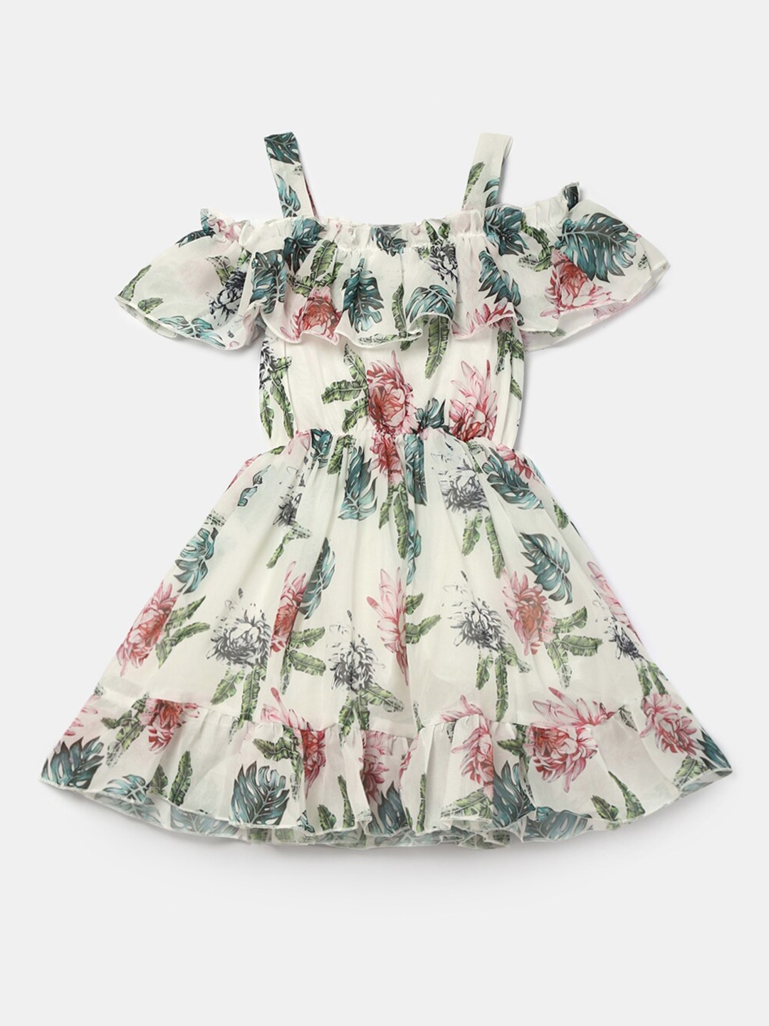 

Hopscotch Girls Green Floral Printed Fit and Flare Dress