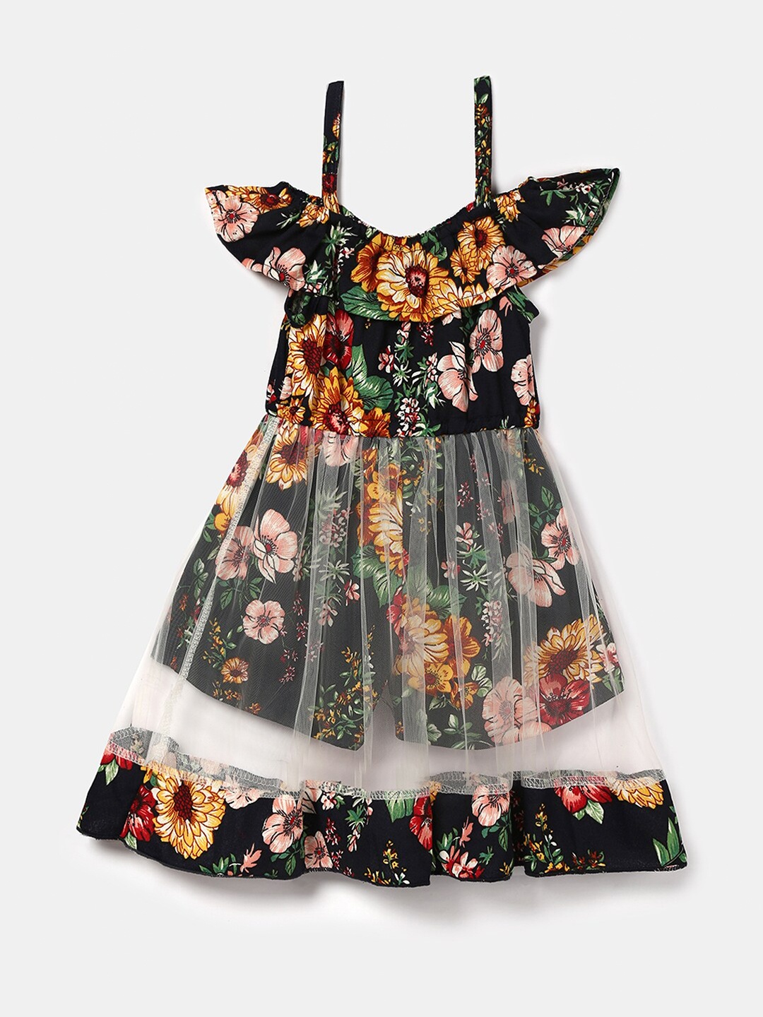 

Hopscotch Black & Yellow Floral Layered Dress