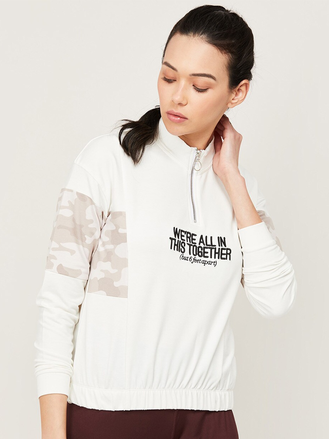 

Kappa Women Off White Printed Mock Collar Sweatshirt