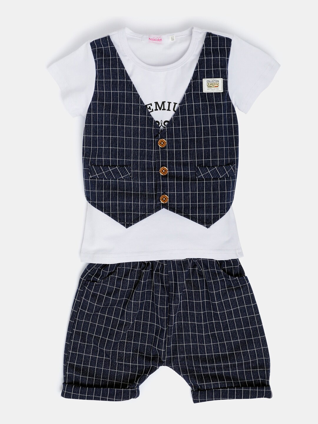 

Hopscotch Boys Navy Blue & White Checked T-shirt with Shorts