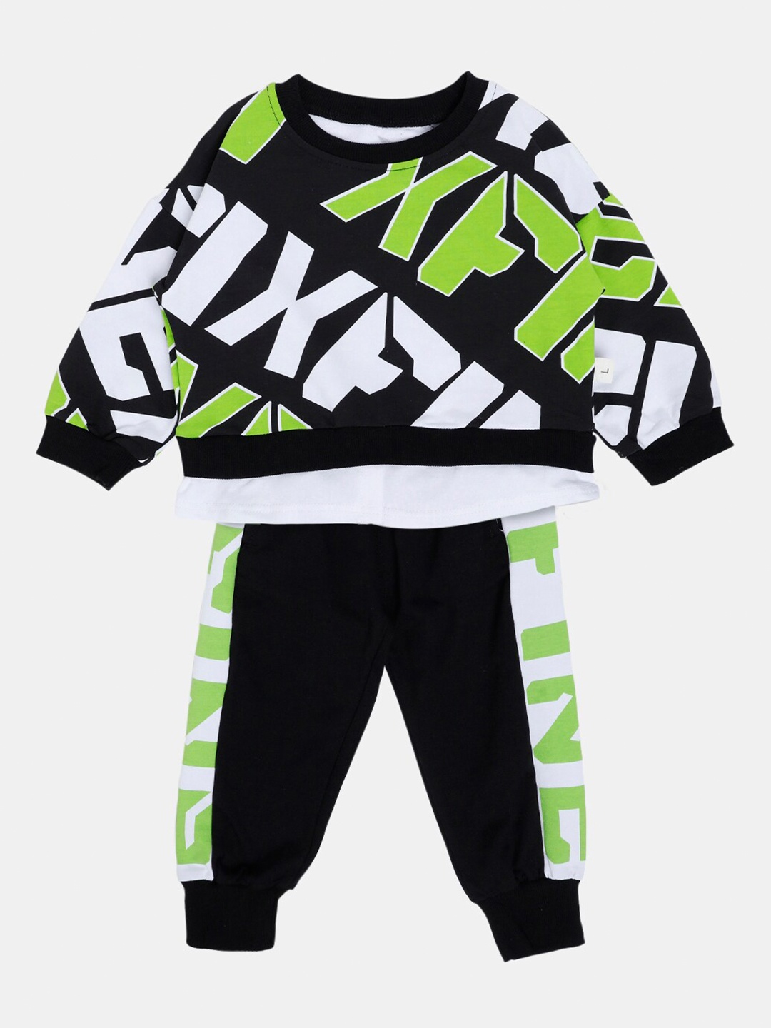 

Hopscotch Boys Black & Green Printed T-shirt with Trousers
