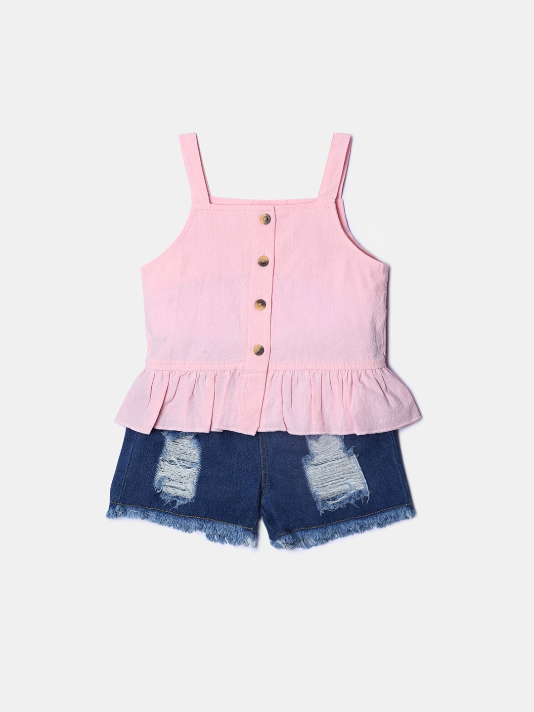 

Hopscotch Girls Pink & Blue Pure Cotton Top With Denim Shorts