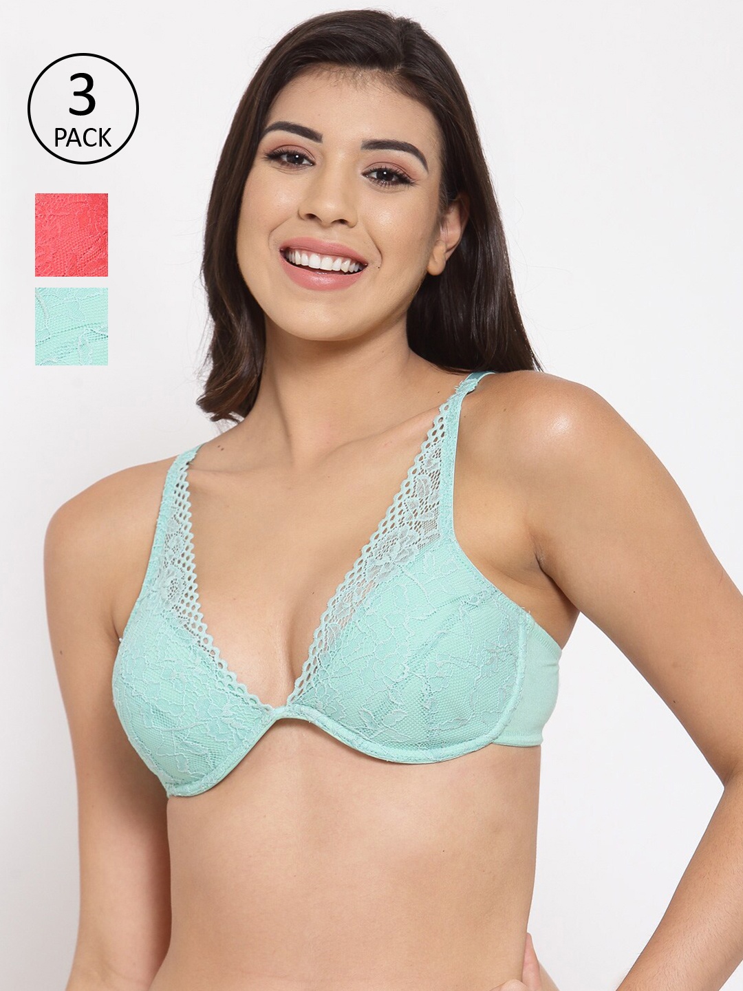 

Inner Sense Women Set of 3 Multi Organic Cotton Antimicrobal Padded underwired Bra, Turquoise blue