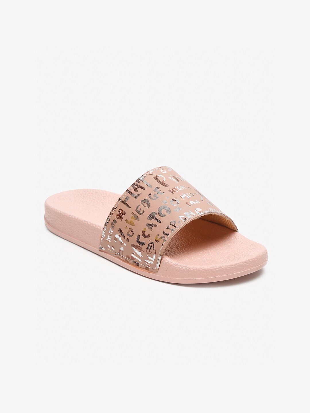 

Misto Women Peach-Coloured & Silver-Toned Printed Sliders