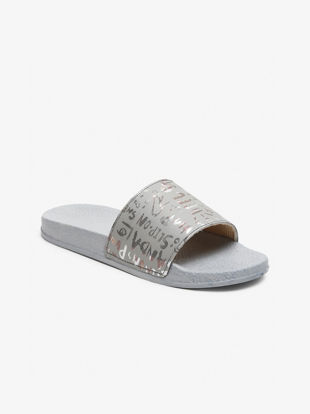 

Misto Women Grey & Silver-Toned Printed Sliders