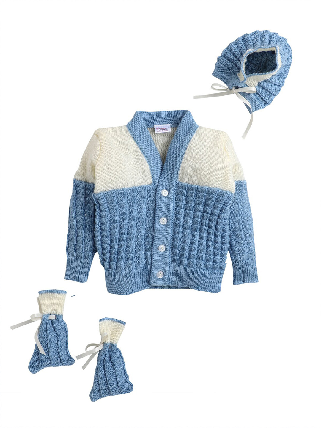 

Little Angels Kids Blue & White Colourblocked Cardigan Sweater Set
