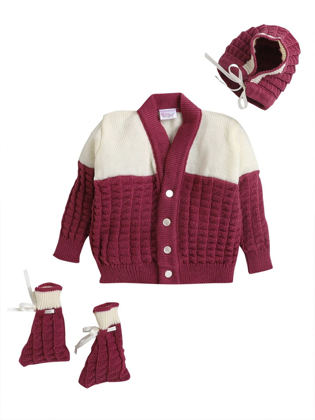 

Little Angels Unisex Kids Maroon & Cream-Coloured Colourblocked Cardigan