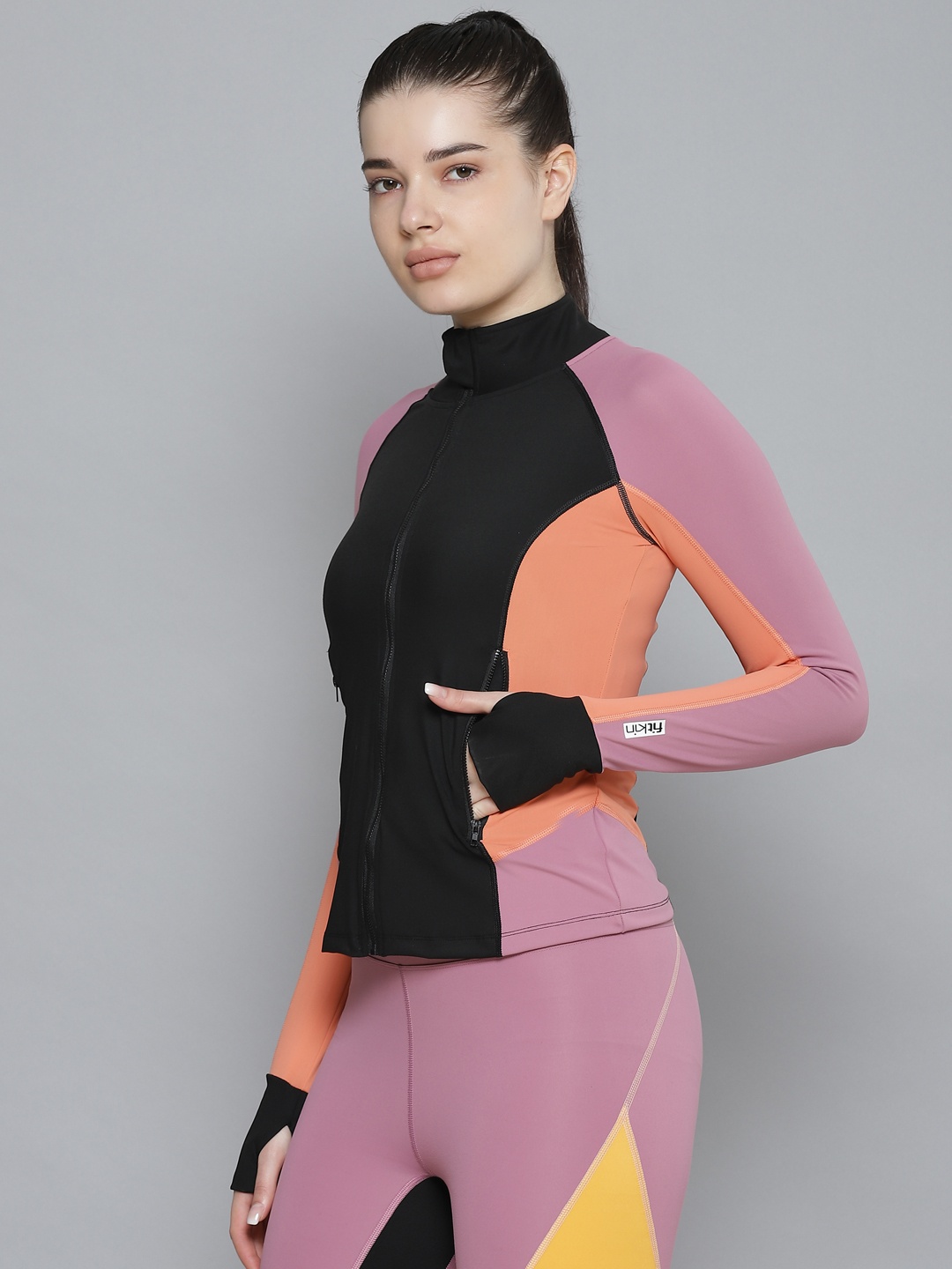 

Fitkin Women Black & Orange Colourblocked Training Quick Dry Sporty Jacket