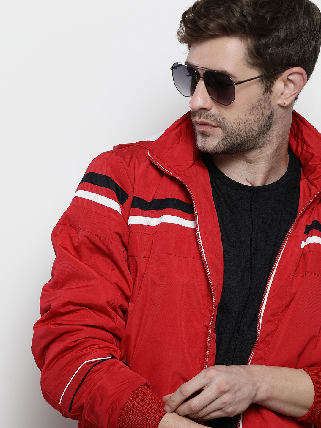 

The Indian Garage Co Hooded Slim Fit Bomber Jacket with Zippered Insert Pockets, Red