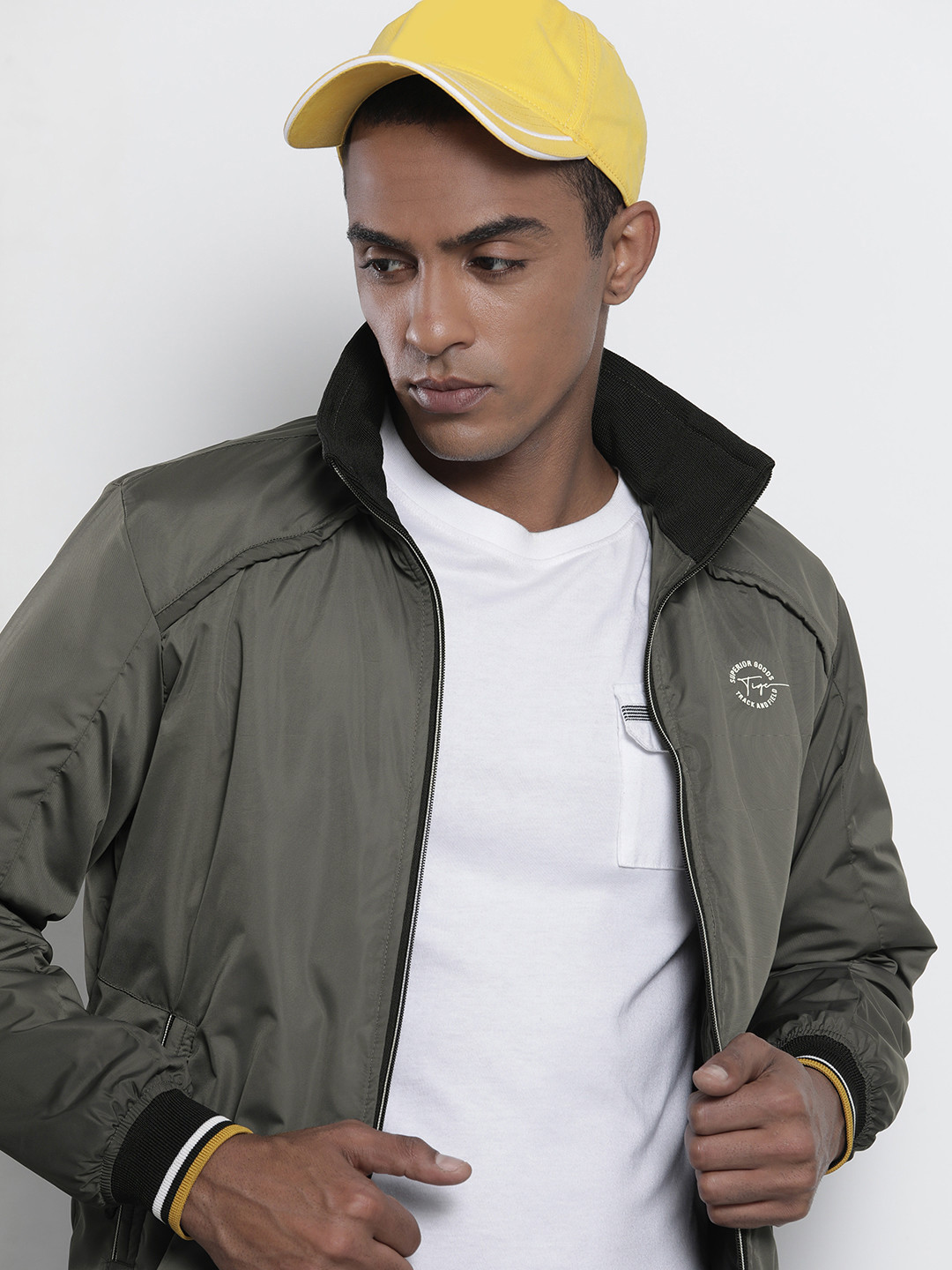 

The Indian Garage Co Men Slim Fit High-Neck Zip-Front Bomber Jacket, Grey