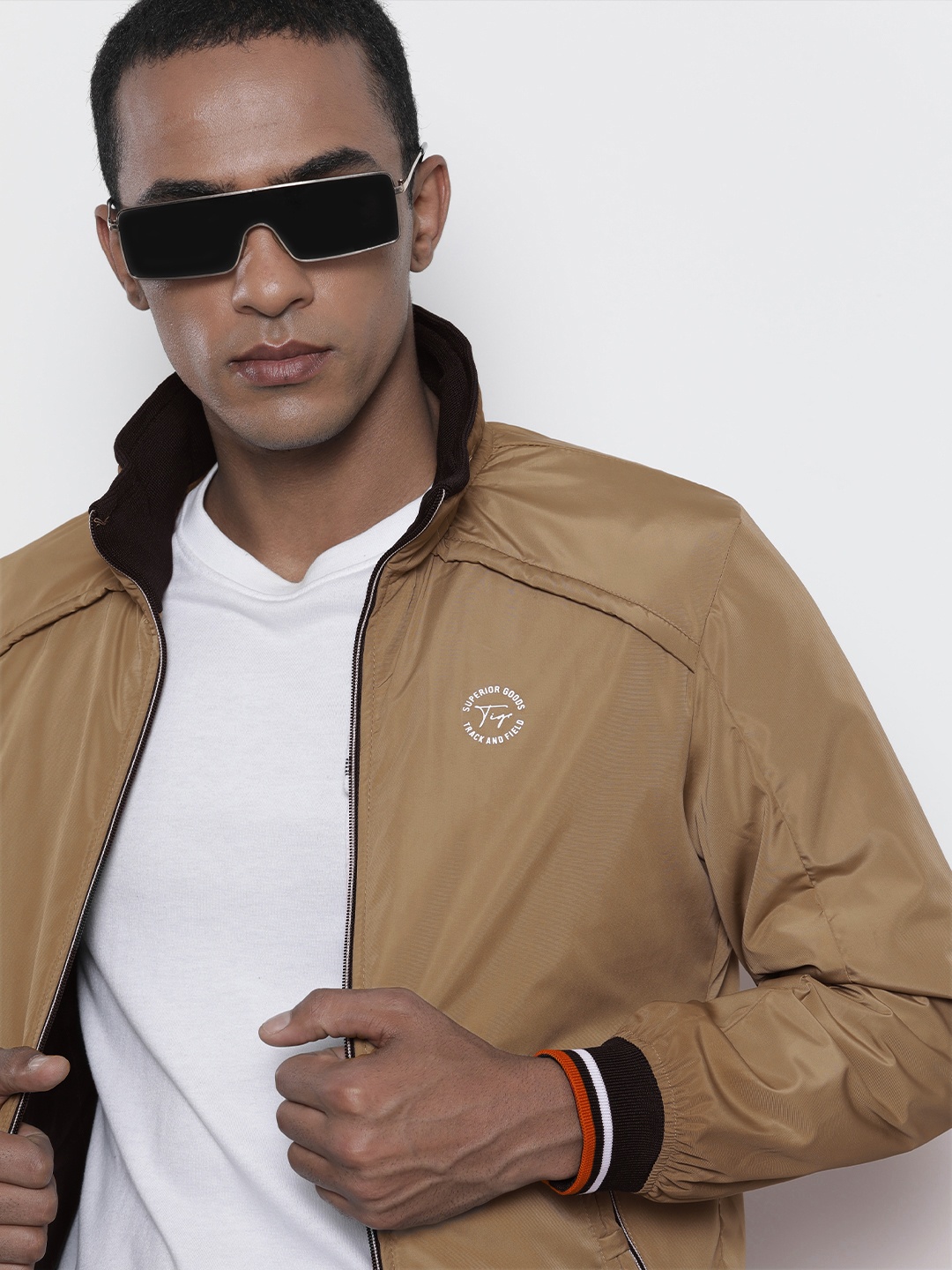 

The Indian Garage Co Men Slim Fit High-Neck Zip-Front Bomber Jacket, Beige