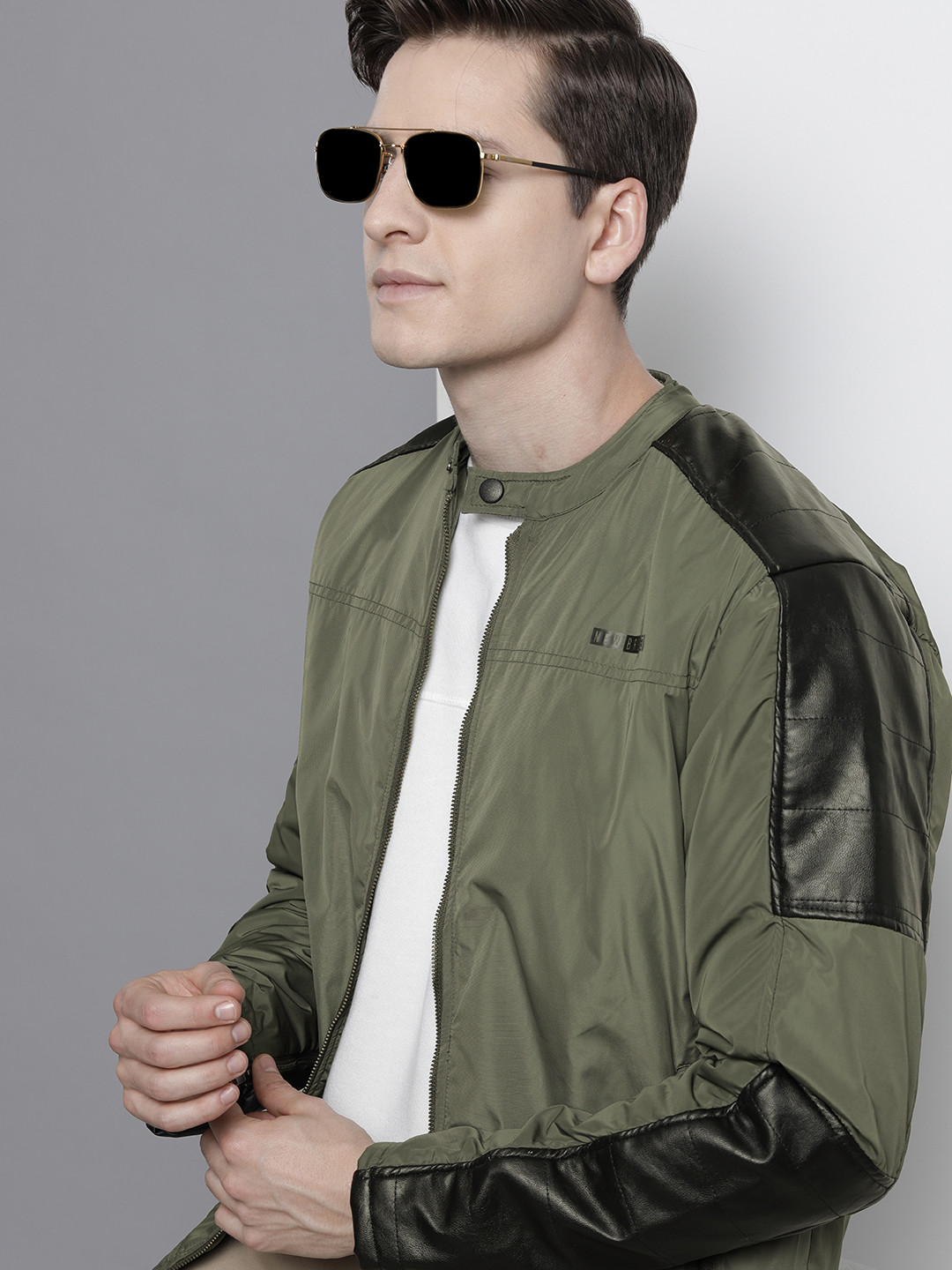 

The Indian Garage Co Men Olive Green Black Biker Jacket