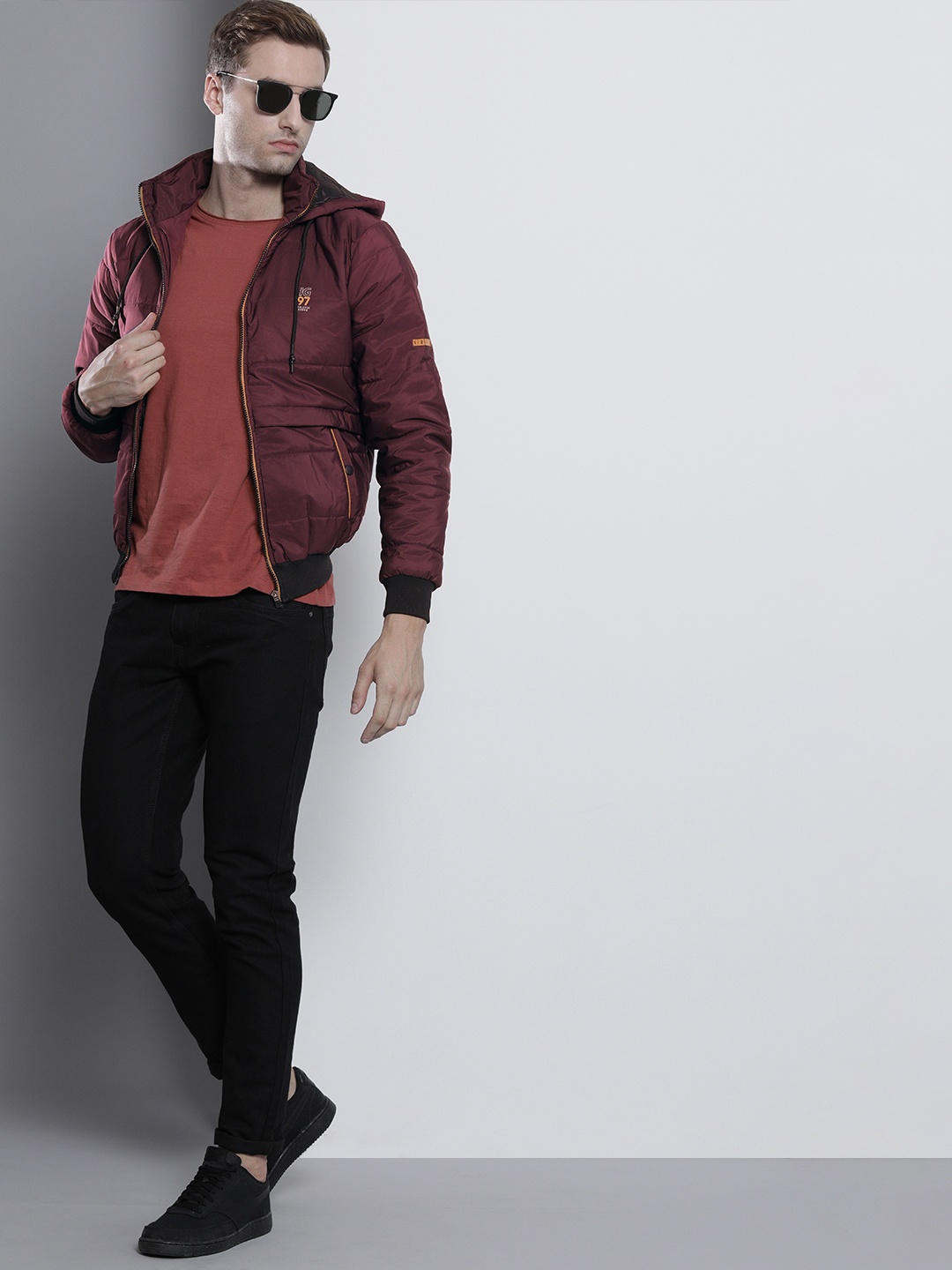 

The Indian Garage Co Men Slim Fit Zip-Front Puffer Jacket with Hood, Maroon