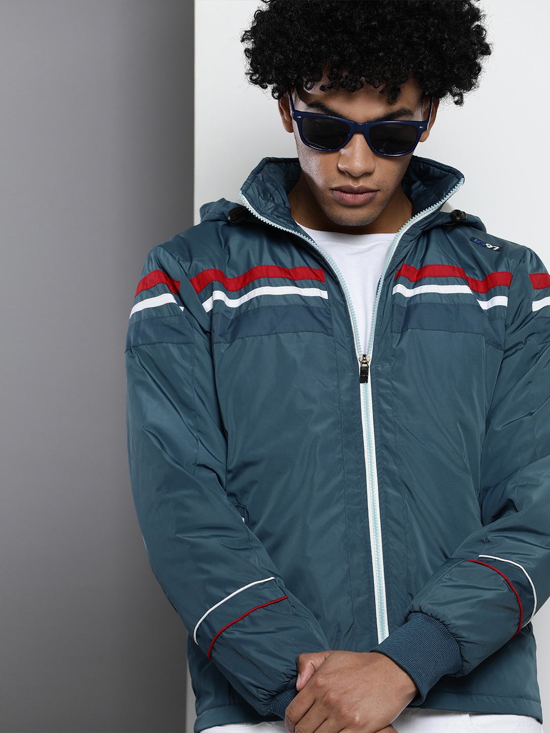 

The Indian Garage Co Hooded Slim Fit Bomber Jacket with Zippered Insert Pockets, Blue