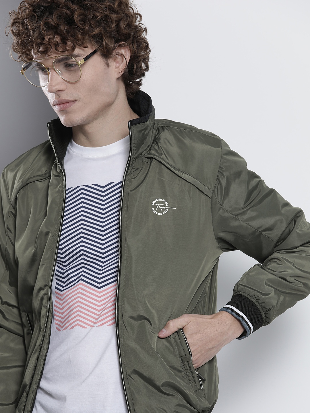 

The Indian Garage Co Slim Fit High-Neck Zip-Front Bomber Jacket, Olive