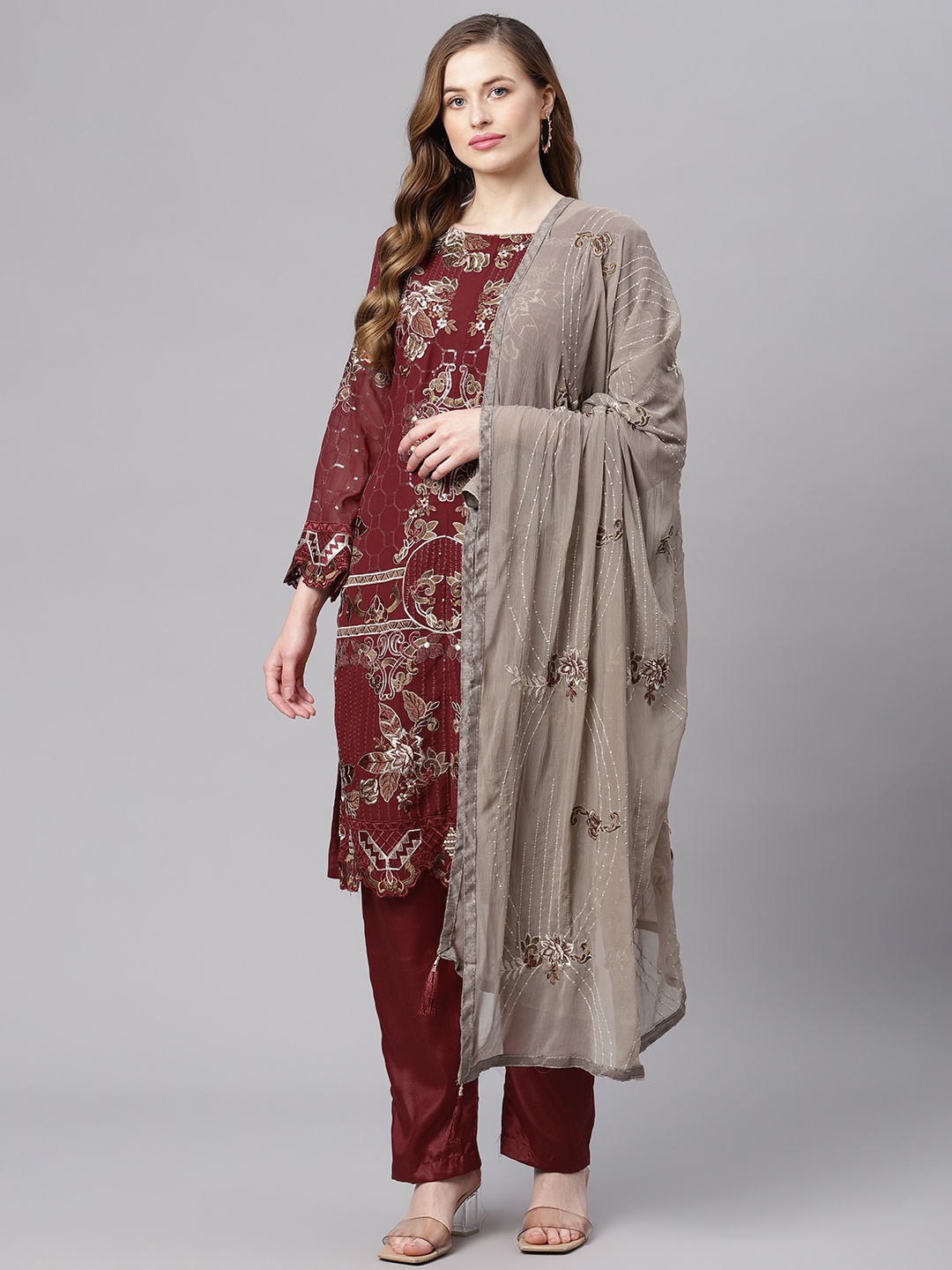 

Readiprint Fashions Maroon & Grey Embroidered Unstitched Dress Material