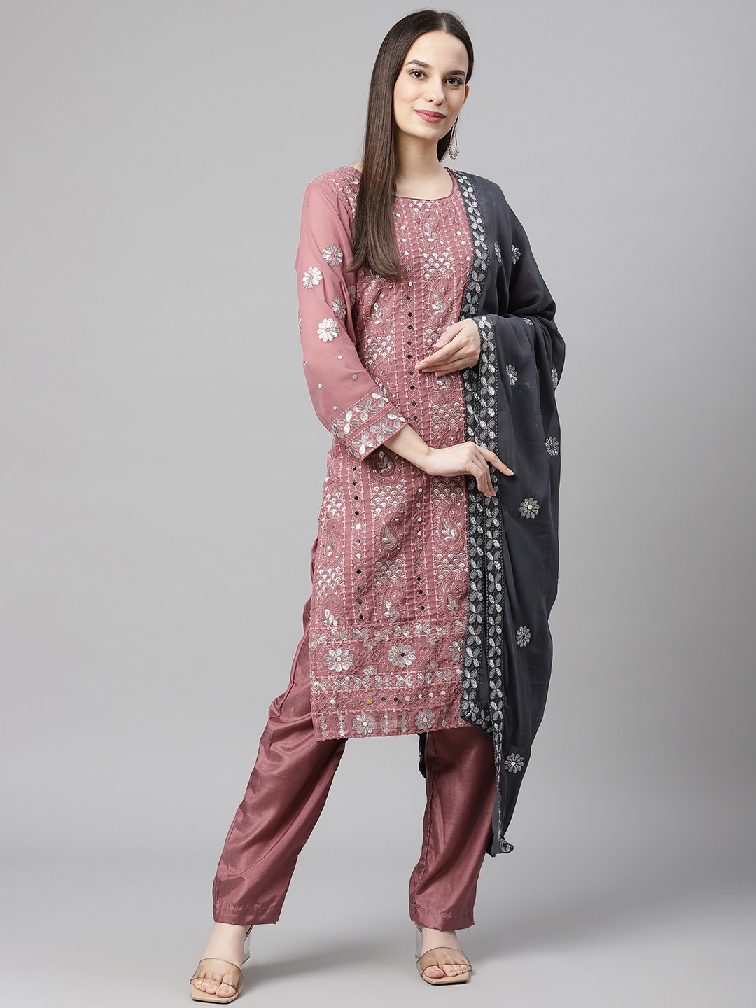 

Readiprint Fashions Nude-Coloured & Grey Embroidered Unstitched Dress Material