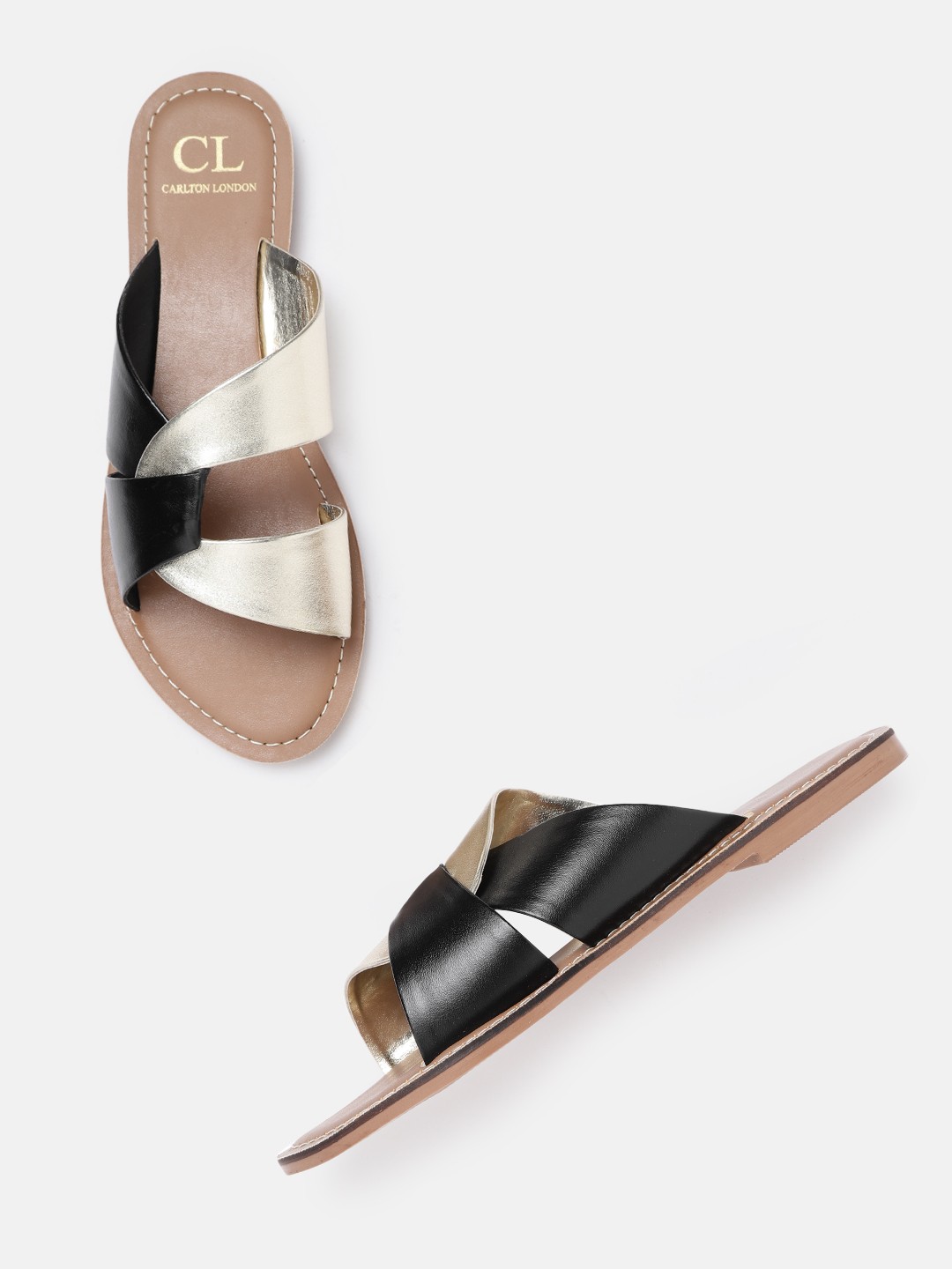 

Carlton London Women Black & Muted Gold-Toned Colourblocked Open Toe Flats
