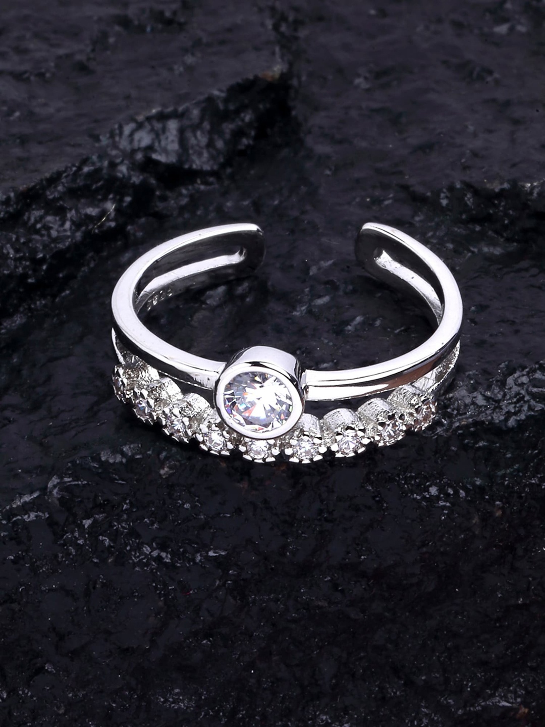 

KARATCART Silver-Plated White Stone-Studded Adjustable Finger Ring