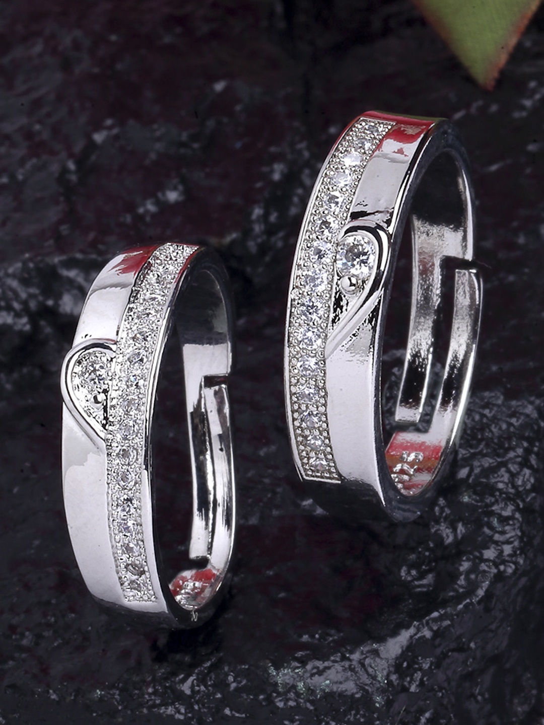 

KARATCART Set Of 2 Silver-Plated White Stone-Studded Adjustable Finger Rings