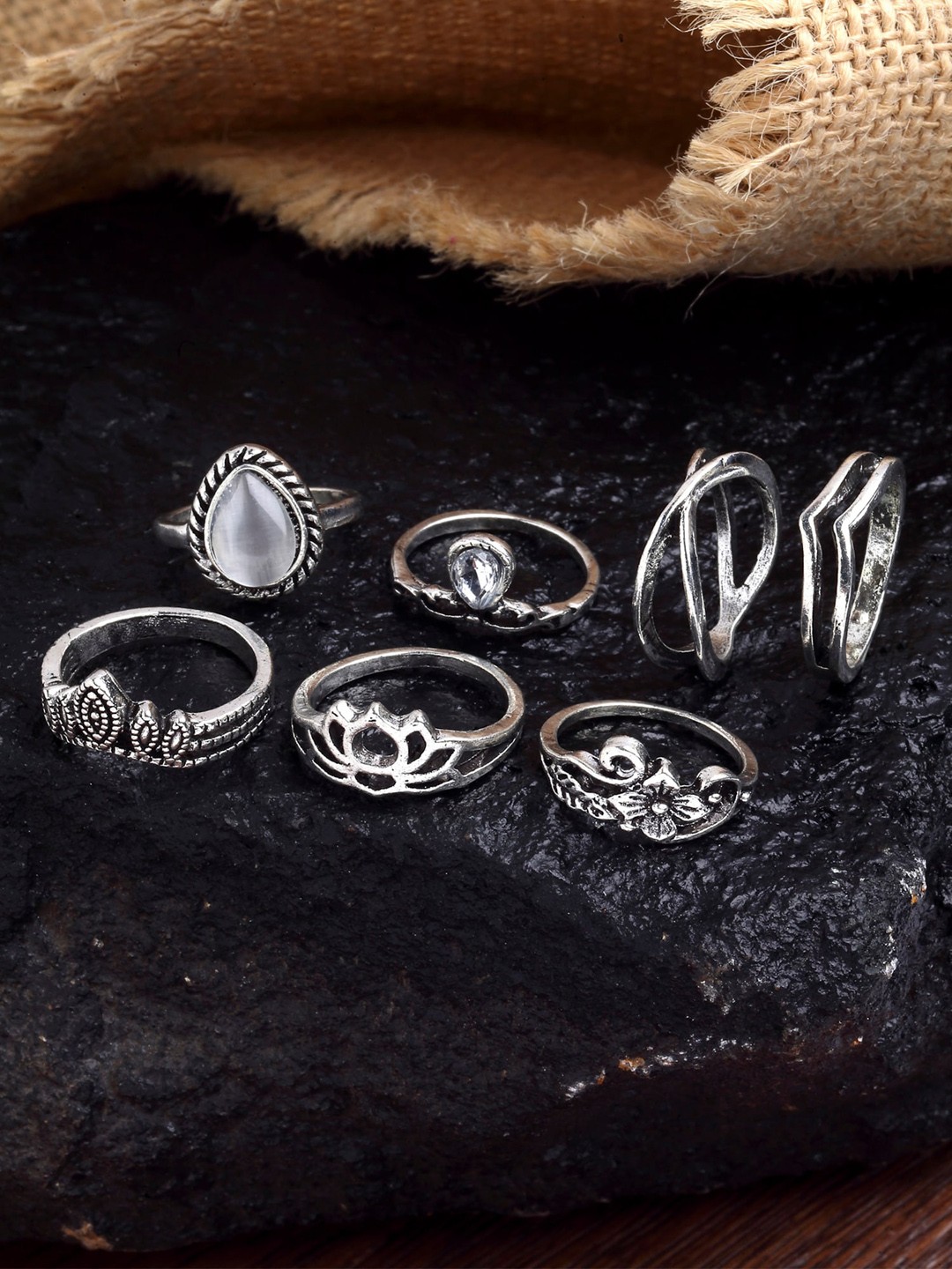

KARATCART Set Of 7 Oxidised Silver-Plated Finger Ring