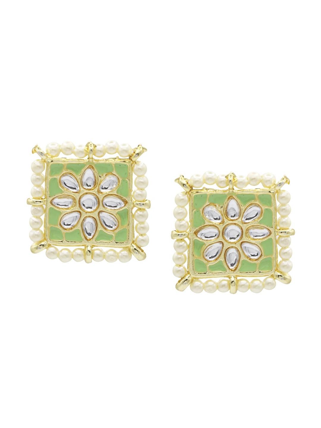 

ASMITTA JEWELLERY Lime Green Kundan Beaded Square Shape Enamelled Studs
