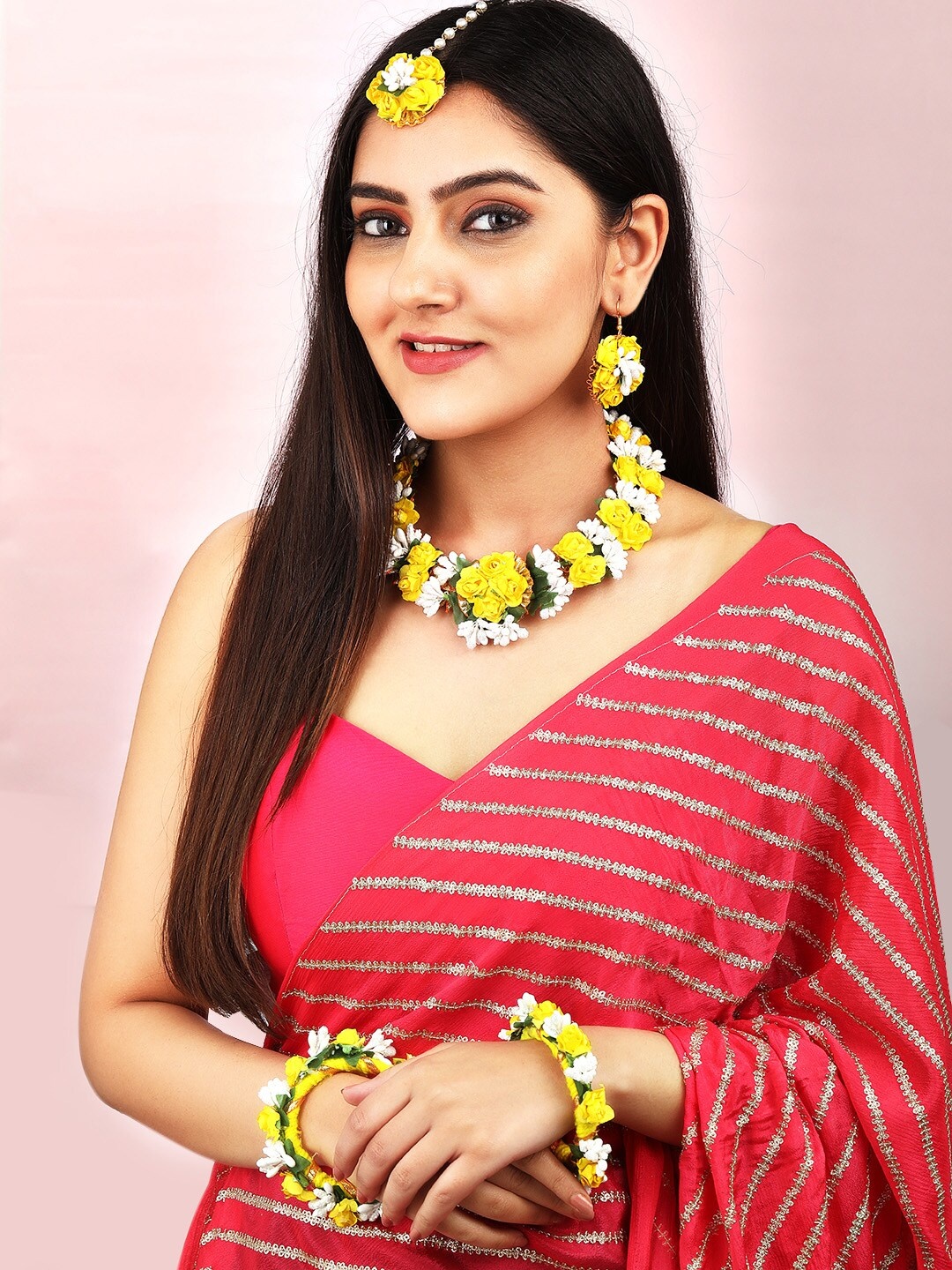 

Rubans Yellow & White Floral Haldi Jewellery Set