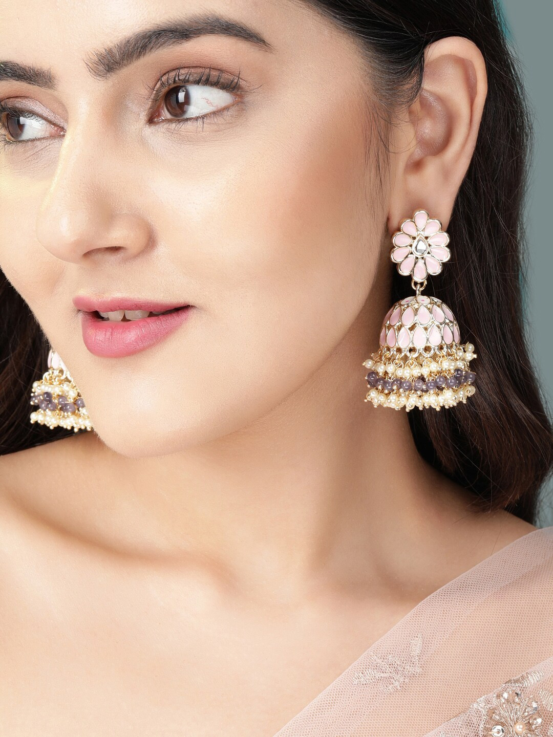 

Rubans Gold-Plated Stoned Studded Handcrafted Jhumkas Earrings