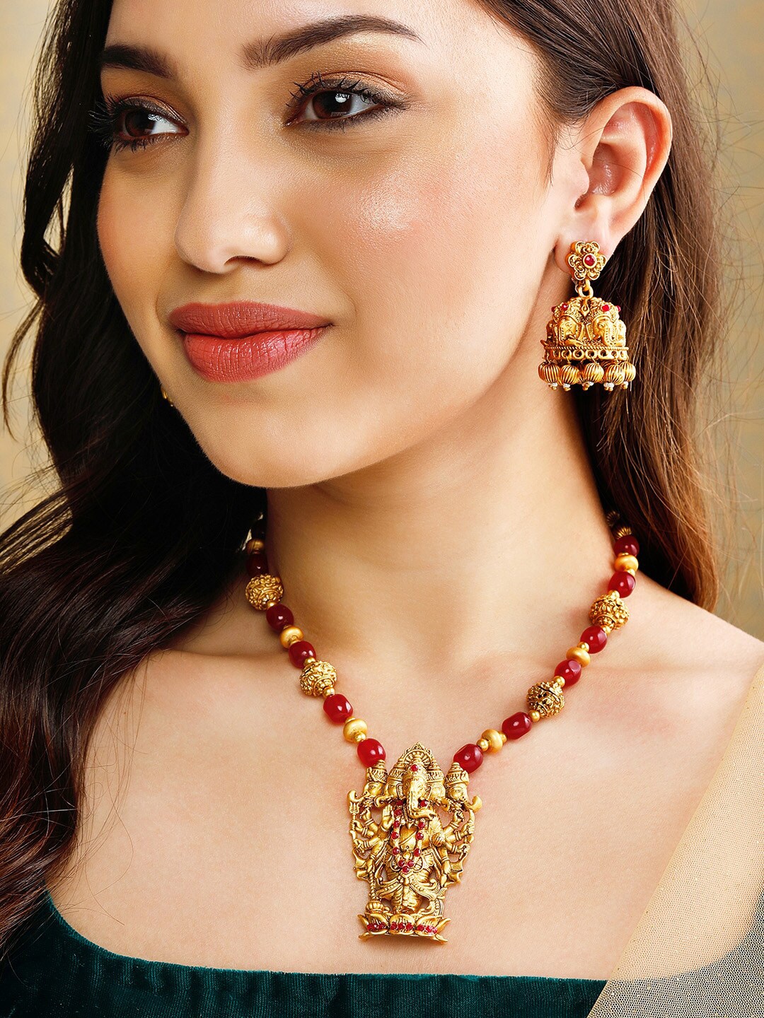 

Rubans Gold-Plated Red Stone-Studded & Beaded Handcrafted Jewellery Set