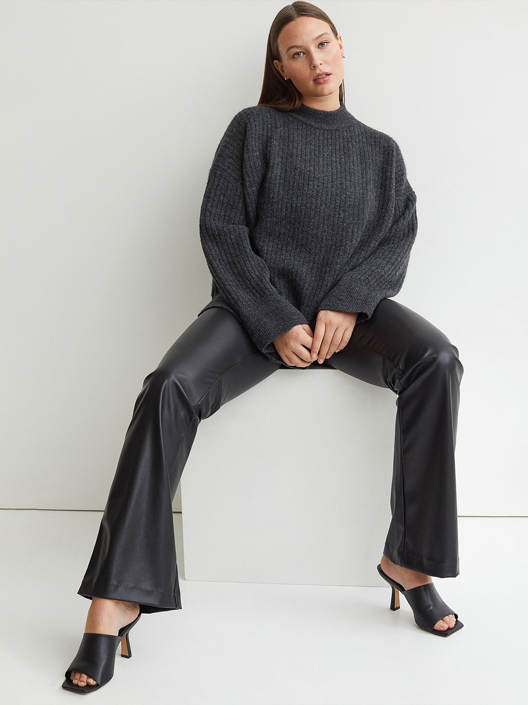 

H&M Women Charcoal Solid Turtle Neck Rib-Knit Jumper