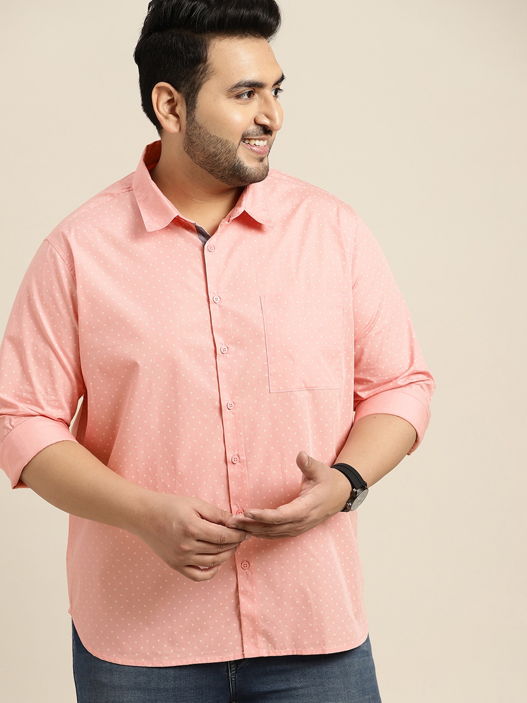 

Sztori Men Plus Size Pink Pure Cotton Printed Casual Shirt