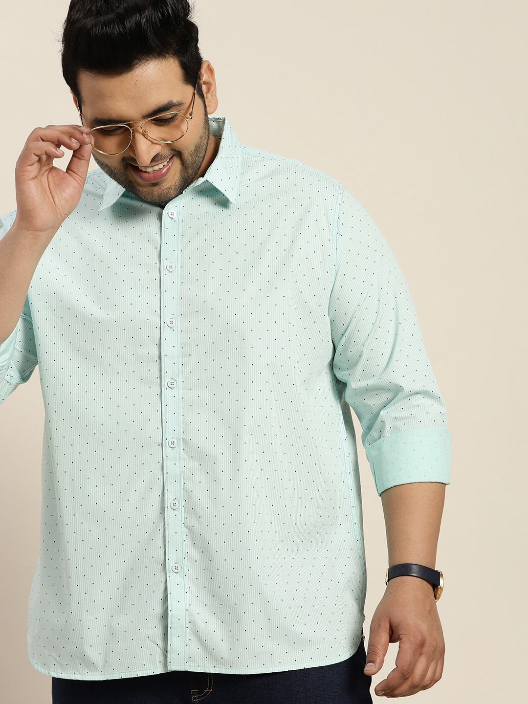 

Sztori Men Plus Size Green & White Striped Pure Cotton Casual Shirt