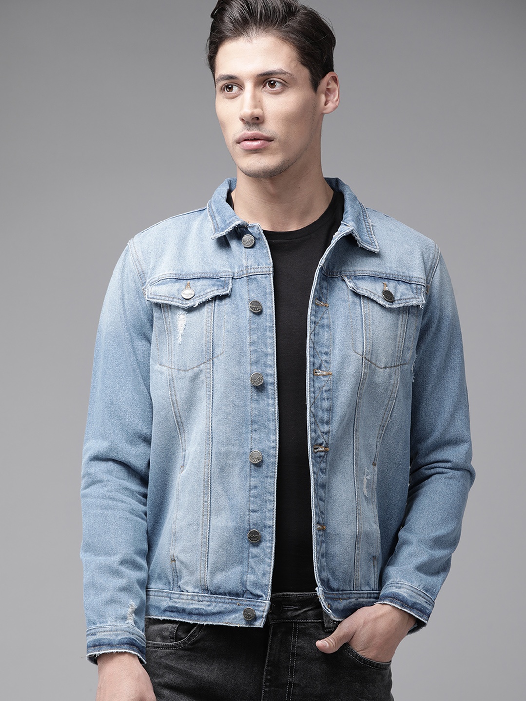 

The Roadster Lifestyle Co Men Blue Lightly-Distressed Denim Jacket