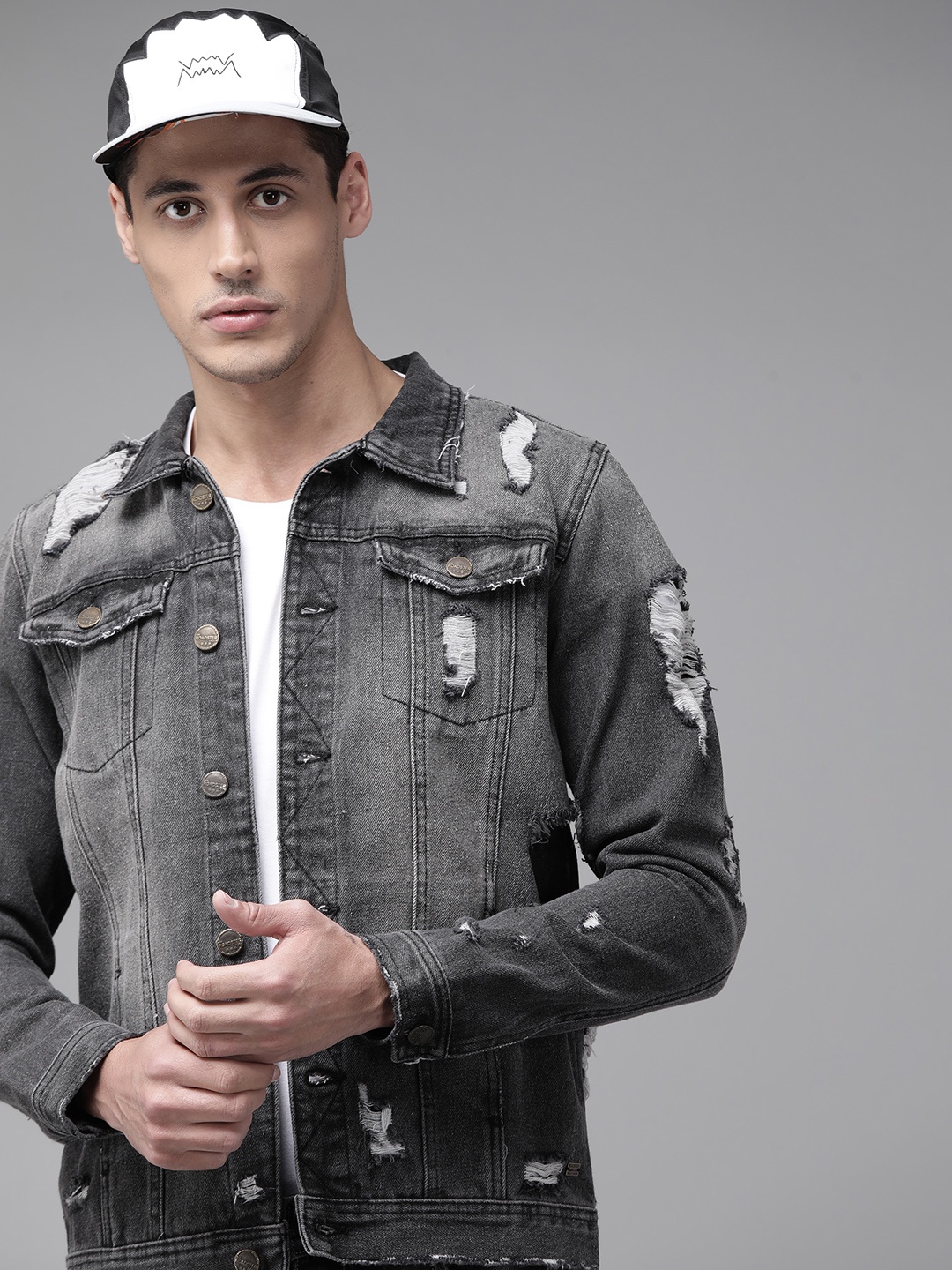 

Roadster Men Charcoal Grey Distressed Denim Jacket