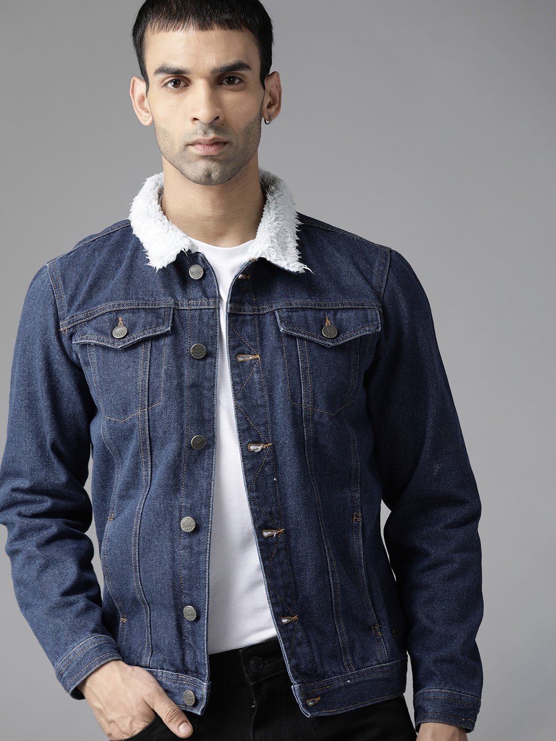 

The Roadster Lifestyle Co Men Navy Blue Pure Cotton Denim Jacket with Faux Fur Trim
